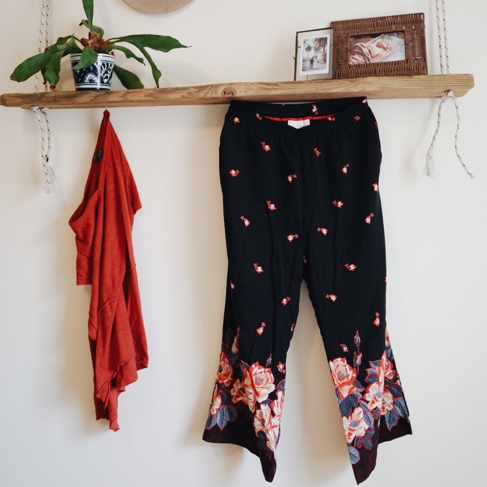 Anthropologie Black Wide-Leg Floral Print Pants